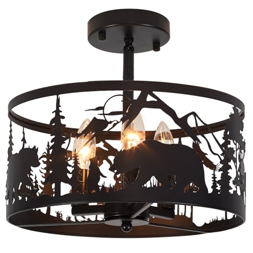 Farmhouse Rustic Slanted Ceiling Light Fixture - 3-Light Round E12 Base Black Metal Fixture with Deer and Bear Design - Perfect for Kitchen, Bedroom, Hallway, and Rustic Style by MLGB - Used condition - US$58.93