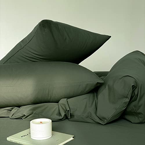 mixinni Solid Color Army Green 3 Pieces Duvet Cover Set 100% Natural Washed Cotton King Size 1 Duvet Cover 2 Pillowcases Hotel Quality Soft Breathable Easy Care with Zipper Ties - Thumbnail 3