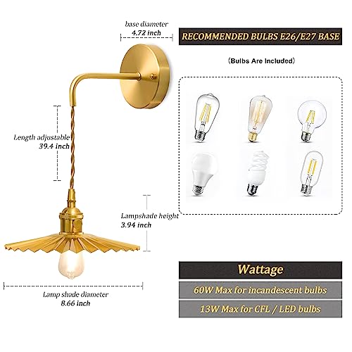 Shenmoyl Vintage 1-Light Wall Sconces Gold Pleated Shade Brass Cap Adjustable Chain Retro Gold Wall Mounted Light, Wall Lamp Fixtures Decor For Bedside Bedroom Indoor Doorway #TOP1