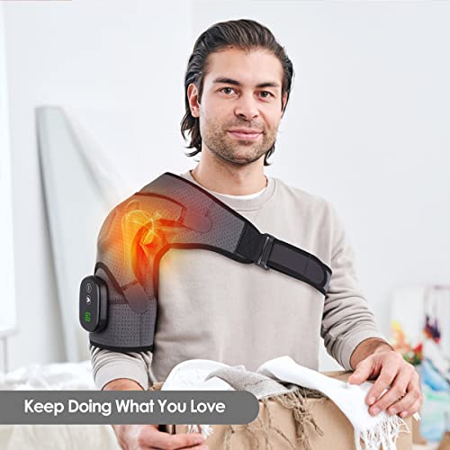 BINGONE Heated Shoulder Wrap, Shoulder Heating Pads Massager for Men Women, Electric Cordless Vibration Massage Heated Shoulder Braces with 3 Heating Setting, Left Right Shoulder Massage