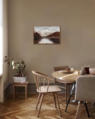 Image of KISSFOX Vintage Fall Countryside Framed Wall Art Autumn Lake Mountain Forest Landscape Canvas Art Farmhouse Nature Paintings Artwork Rustic Serene Art Prints For Kitchen Living room Bedroom