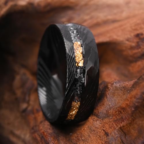 Black Damascus Steel Rings for Men 8mm Men's Engagement Wedding Bands Hammered Inlaid Gold Foil Meteorite Fragments Stylish Comfort Fit4