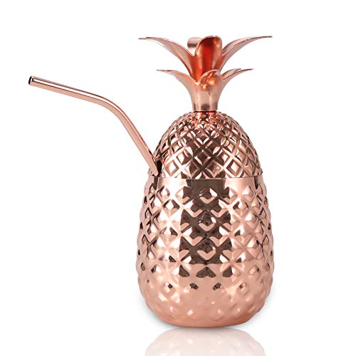 MUGLIO Ananasbecher mit Kupfer-Strohhalm, 400 ml, verkupferter Edelstahl, Ananas-Becher, gehämmerte Tasse, Barware, Küchenzubehör Cover