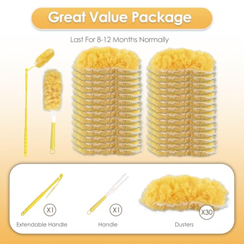 Image of 30 Count Feather Duster Refills for Swiffer Dusters Handle, 360 Degree Multi-Surface Duster Refill Kit with 1 Extended Handle and 1 Short Handle, Disposable Dust Removal Brush Heads for Electronics