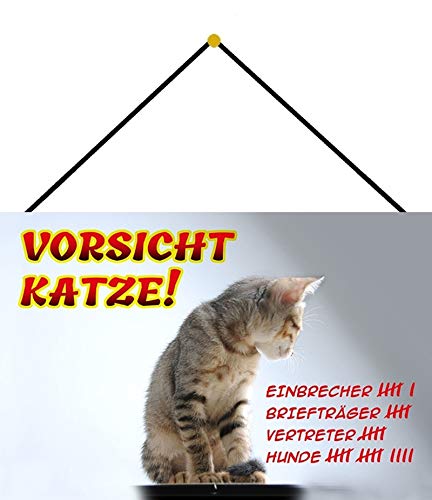 Blechschild Com cordão de 30 x 20 cm, decoração com texto em alemão "Vorsicht Katz" - Blechemma