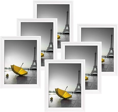 Runedo 6x8 Inch White Photo Frame Set of 6 with Glass Front for Home Decor, Sturdy Frame Made of Solid Wood, Free Standing and Wall Mountable