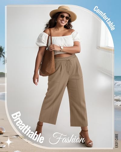 Neer Women's Plus Size Linen Cropped Pants, Wide Leg High Waist Capri Pants Summer Casual Beach Trousers with Pockets4
