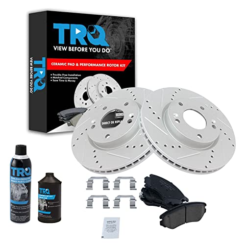 TRQ Front Brake Pad & Rotor Kit Premium G-Coated Performance Ceramic Slotted X Drilled Compatible with 06-10 Optima Sonata 12-13 Soul 05-10 Sportage 03-08 Tiburon 05-09 Tucson