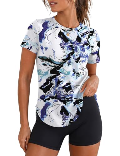 LOMON Swim Shirts for Womens Short Sleeve Workout Tops Quick Dry Moisture Wicking UV Sun Protection Rash Guard Hiking Tee Top Blue Print, X-Large