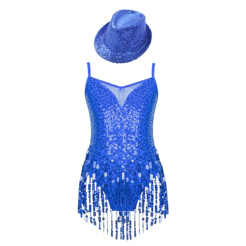 FEESHOW Girls Ballet Dress for Kids Sequin Tassel Hem Latin Dance Dress Leotard with Hat Rumba Samba Jazz Dance Costume Royal Blue 11-12 Years