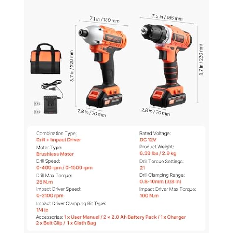 VEVOR Tool Combo Kit, 12V Max Cordless 2-Tool Combo Kit, with 3/8 in Drill, 1/4 in Impact Driver, Compact Cordless Power Tool Combo Kit with 2.0 Ah Batteries, Screws, One Charger, and One Cloth Bag