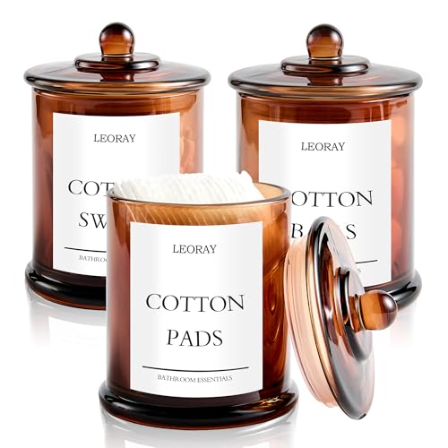 3 Pack Glass Qtip Holder Dispenser with Lids, Airtight Waterproof, 16 Oz Vanity Organizer Bathroom Canisters for Cotton Swabs, Balls, Pads, Floss Picks, Restroom Bedroom Kitchen Storage Jars, Amber