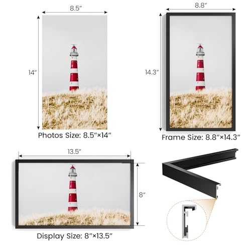 Image of 8.5x14 Aluminum Metal Picture Frame,Tempered Glass Black Photo Frame 8.5x14 for Family Photo,Posters,Art,Document to Wall Mount Horizontally or Vertically