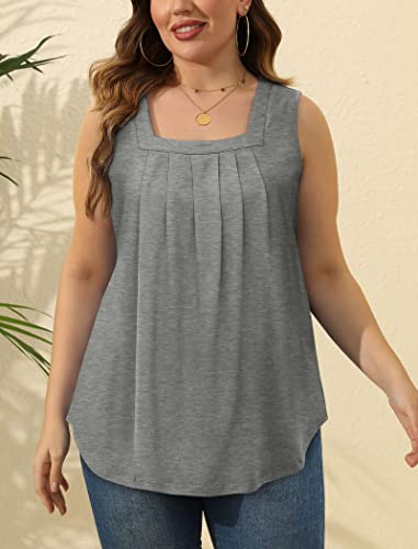 Image of Saloogoe Summer Tank Tops for Women Loose Fit Pleated Square Neck Sleeveless Tops Curved Hem Flowy