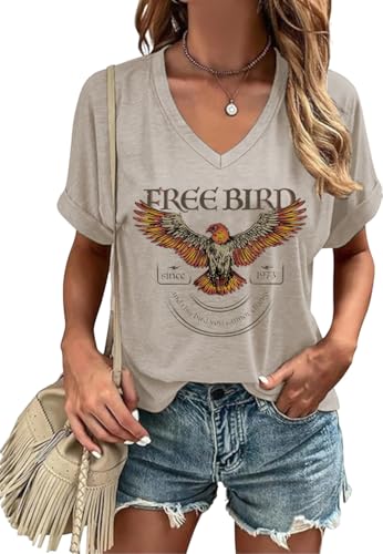 T-shirt vintage rock and roll pour femme, encolure en V, tenue de concert amusante, Marron-1., Taille M