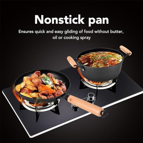 Fuchooky Leichter Wok aus Gusseisen, 3-teilige Bratpfanne, Eisentopf, Holzhand, antihaftbeschichtet, zum Rühren, Braten, Suppentopf, Kochgeschirr für die Küche
