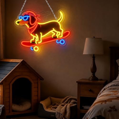 Image of Skateboard Dog Neon Signs, Dachshund Skateboarding Neon Sign Cool LED Wall Art Decor | Dimmable Dog Lover Gift | Idea for Living Room, Bar, Shop, or Birthday Party