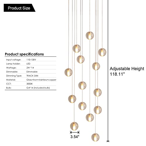 Ginsenglux 14-Lights Staircase Chandelier Modern Staircase Pendant Light Raindrop Stairwell Chandelier Crystal Ball Lighting For High Ceiling Stair Hotel Hallway Entrance Foyer H119(Bulb Included) #TOP1