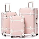 NZBZ Vintage Luggage Sets for Women, PU Leather Retro Suitcase, Vintage Trunk Luggage 3 Pieces, Vintage Suitcase Set (Pink, 20inch & 24inch & 28inch)