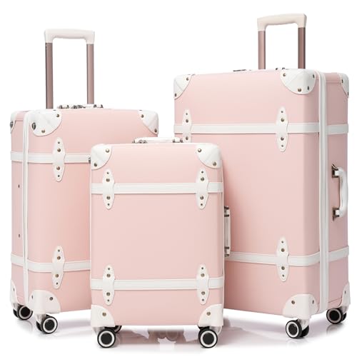 NZBZ Vintage Luggage Set 3-Piece Pink PU Leather Suitcases