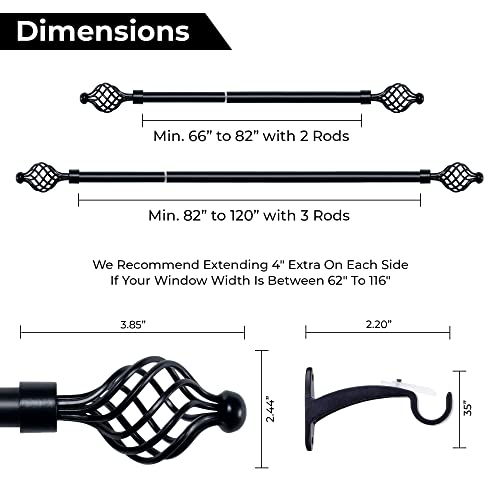 Image of Deco Essential 66 inch-120 inch Extendable Curtain Rod For Door & Windows Adjustable Length Heavy Duty Iron Telescopic Drapery Pole With Swirl Finials (3 /4 inch Diameter, Black Matt)