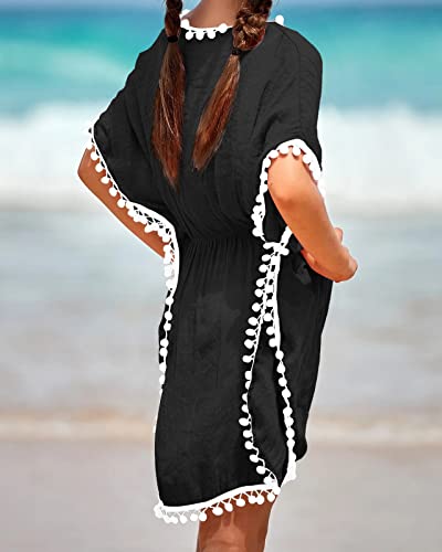 Eurivicy Girl's Swim Cover Up Kids Summer Swimwear Beach Dress Swimsuit Wraps With Pom Pom Trim Black #TOP3