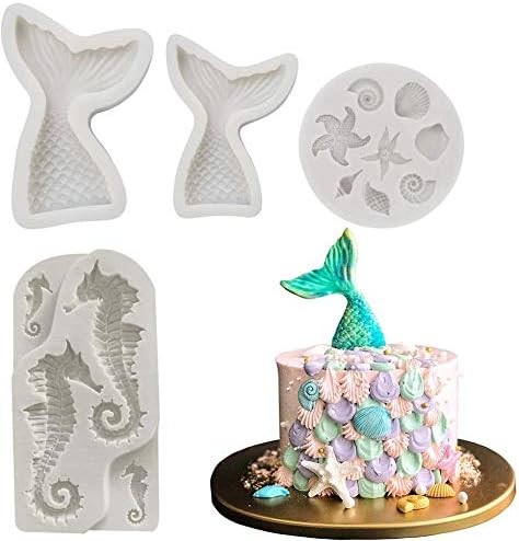 Seashell Mermaid Tail Mold - BEBEEPOO 4 Pack Seahorse Seashell Starfish Mermaid Tail Silicone Mold for Under The Sea Cake Decoration, Chocolate, Candy, Polymer Clay, Cupcake Decor, Sugar Craft, etc.