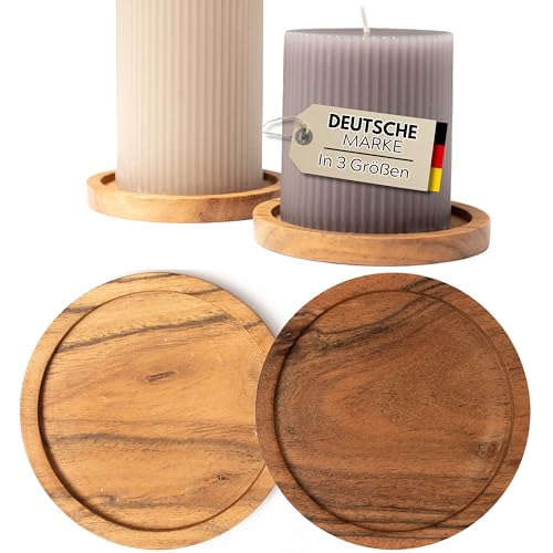 Plogis Platos redondos de madera de acacia – Juego de 2 platos para velas de hasta 10 cm de diámetro, plato/portavelas de madera, 9 cm y 10 cm
