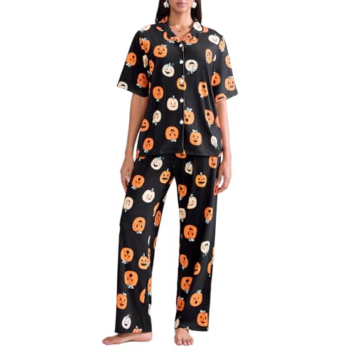 CocMouse Halloween Pajamas Set for Women Button Down Short Sleeve Pjs Set with Long Pants 2 Piece Loungewear Pjs Sets (Black, L)