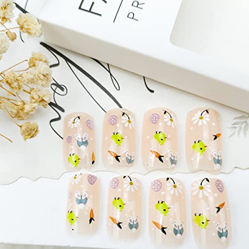 Easter Press On Nails Medium Squaoval Daisy Flowers Fake Nails Acrylic Blossom Chicks False Nails Glue On Nails Floral Carrots Design Manicure Decoration Accessories Gift For Women Girls 24Pcs #TOP6