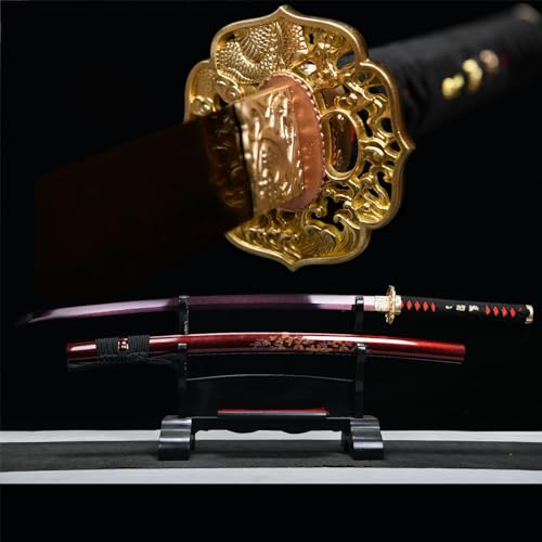 HJHUUA 103cm Japanisches Samurai-Schwert mit Scheide, Handarbeit Echtes Musterstahl Katana, Metallschwert für Cosplay, Training, Sammeln & als Geschenk