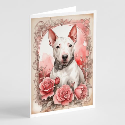 Caroline's Treasures DAC4425GCA7P English Bull Terrier Valentine Roses Greeting Cards Pack of 8 Blank Cards with Envelopes Whimsical A7 Size 5x7 Blank Note Cards