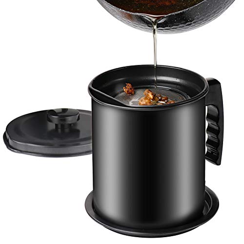 Cambom Bacon Grease Container with Fine Mesh Strainer, 1.6L almost 7 Full Cups Iron Cooking Oil Can with Removable a Coaster Tray for Kitchen Fat Storage Black by Cambom - Used condition - US$20.12