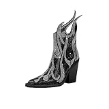 Feinlina Women's Rhinestone Flame Pointed Toe Block Chunky Heeled Boots Fashion Sparkly Cowboy Ankle Booties,Black