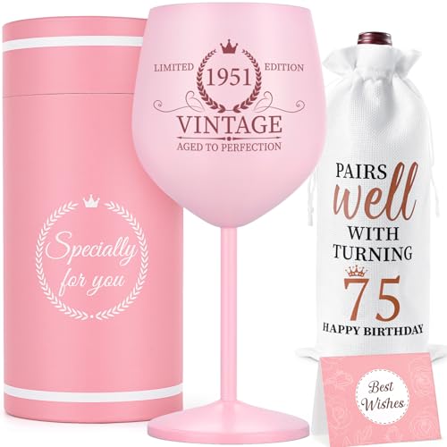 Lifecapido 75th Birthday Gifts for Women, Vintage 1951 Stainless Steel Wine Glass with Wine Bag and Card, 75th Birthday Decorations for Women, 75 Year Old Birthday Gifts for Grandma Mom Aunt Wife by Lifecapido - Used condition - US$10.80