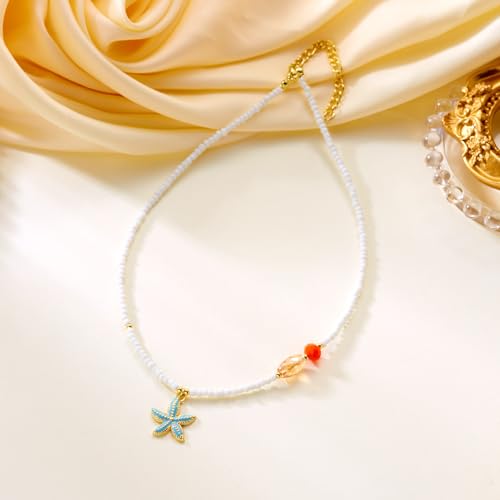 RINHOO Handmade Seashell Starfish Necklace Bohemian Beach Necklaces for Women Summer Shell Beaded Choker Necklace Party Holiday Jewelry (Style 4-blue starfish) — view 4