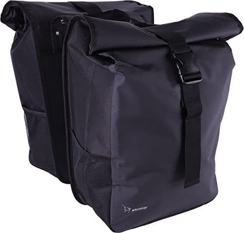 Ekostar Doppelte Fahrradtasche - Gepäckträgertasche - mit Roll-Top - Schwarz - 46 Liter - Reflektoren - Einfache Montage - E-Bike Cover
