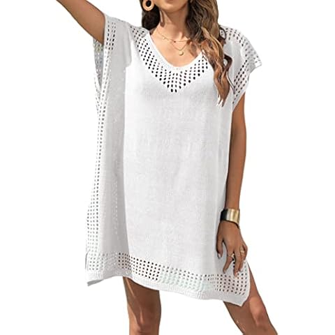 Women Bikini Cover Up Splice Crochet V-Neck Midi Bat Sleeve Hollow Short Beach Dress Tassel Split Swim Dresses (A-White, Oner Size) Cover