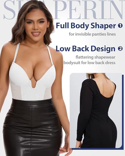Image of SHAPERIN Backless Shapewear Strapless Bodysuit Bra Fajas U Plunge Tummy Control Low Back Full Body Shaper Corset for Women