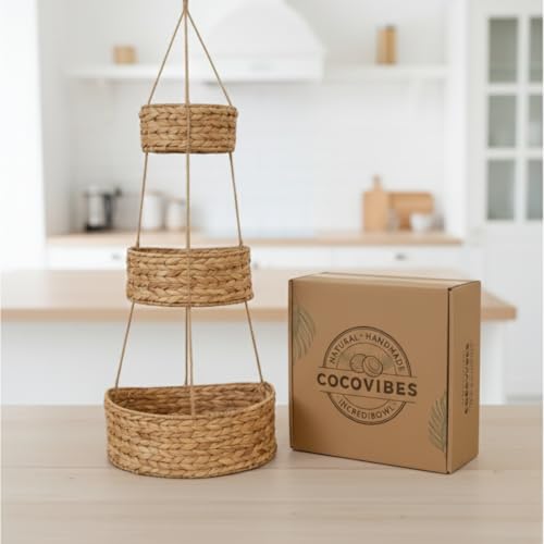 cocovibes WANDA Obstkorb hängend, große Etagere mit 3 halbrunden Körben aus Wasserhyazinthe, Hänge - Wandkorb, Hängeorganizer für Küche, Badezimmer, Büro, Camping