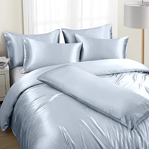 Ersmak 6 Pieces Satin Duvet Cover Full/Queen Size Luxury Silky Bedding Duvet Cover Set With 1 Soft Duvet Cover, 4 Queen Pillowcases And 1 Body Pillowcase, Baby Blue #TOP7