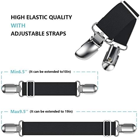 Lesfit Adjustable Bed Sheet Fasteners Suspenders,Fitted Sheet Clips Sheet Garters Sheet Grippers with Elastic Holder Straps, Black4 packs/set
