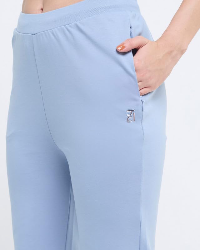 Image of HUNNIT Essential Flare Pants for Women with Zip Pockets | Mid Waist Solid Cotton Tapered Flare Pants | Bootcut Flared Trousers with Wide Elastic Waistband | Relaxed Fit Flared Trouser