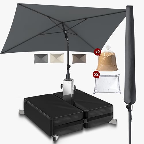 4smile Sonnenschutz Balkon Set 3-teilig Anthrazit - Sonnenschirm rechteckig 200x125cm + Sonnenschirmständer + Schirmhülle - Sonnenschirm Balkon mit Ständer Balkonschirm knickbar höhenverstellbar
