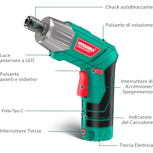 HYCHIKA Avvitatore a Batteria 6Nm, Cacciavite Elettrico 3.6 V 2.0 Ah, Avvitatore Elettrico, Luce a LE, Cavo di Ricarica USB, 35 Accessori, Custodia - 4