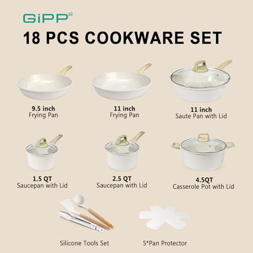 GiPP Ceramic Pots and Pans Set Non Stick - 18 Pcs Nonstick Cookware Set, Non-toxic Healthy Kitchen Cooking Set w/Frying Pans Set, Dishwasher Safe, PFAS PTFE PFOA PFOS Free, Cream White - Image 2