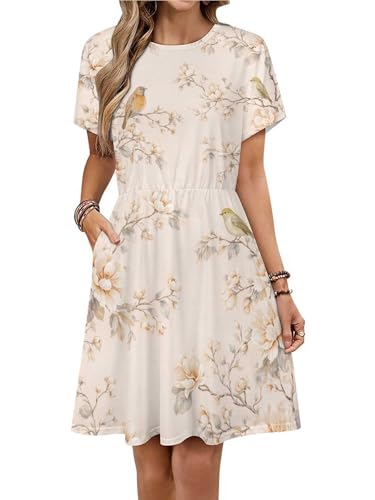 Birds Perched on Floral Branches in a Delicate Pattern Womens Casual Summer T Shirt Dress Loose Short Sleeve Tunic Dress with Pocket