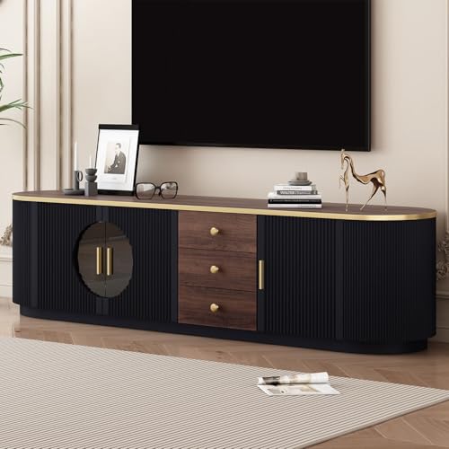 AMZOSS 70.8" Modern TV Stand with Glass Doors & Storage Drawers, Fluted Media Console for TVs Up to 90", Entertainment Center with Shelves & Cable Management – Gold Accents, Walnut Finish,Black