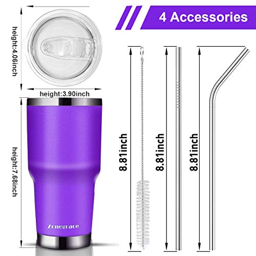 Zonegrace 2 Pack 20 oz and 30 oz Purple Tumbler with Straw Lid Travel Mug Gift Vacuum Insulated Coffee Tumbler Cup 18/8 Stainless Steel Water Tumbler