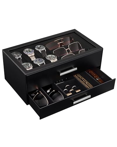 ProCase Boîte à Montres avec Tiroir, 6 Emplacements Montres + 3 Lunettes, Coffret de Rangement avec Couvercle Transparent, Organisateur Multifonction Design Moderne -Noir